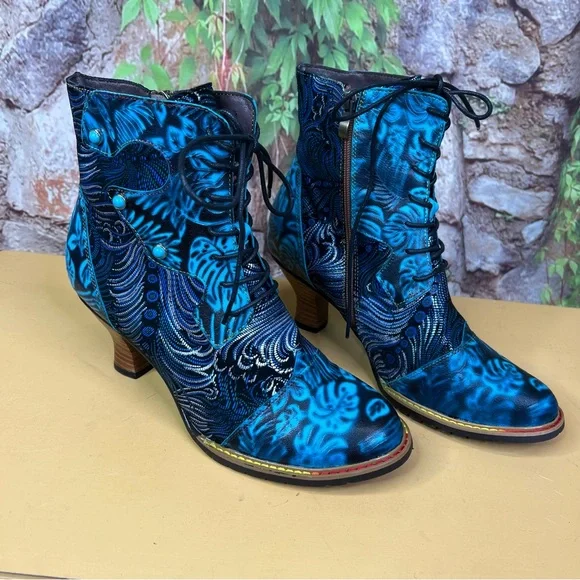 CY Blue Leather and TextilePeacock Feather Lace-Up Cuban Heel Boots, 41/10 - Picture 6 of 13